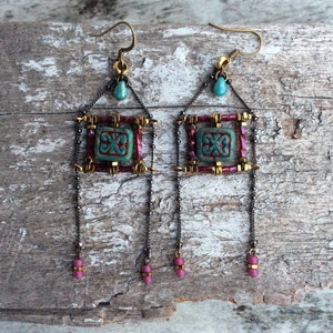 Boho earrings,Hippy earrings,Bohemian earrings,Geometric earrings,Pink green earrings,Handmade earrings,Statement earrings,Designer earrings