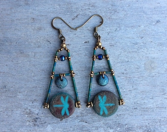 Dragonfly Czech Glass Statement Earrings, Boho Turquoise Nature Dangles.