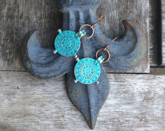 Boho Turquoise Patina Earrings, Nautical Mandala Jewelry