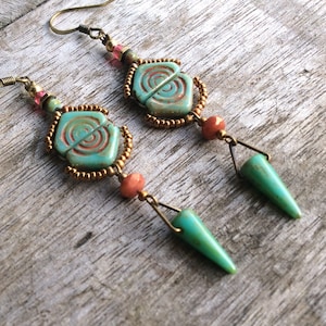 Boho earrings,Boho turquoise earrings,Hippy earrings,Bohemina earrings,Czech glass earrings,Earthy jewellery,Tribal earrings,Womens fashion