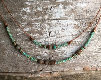 Boho Czech Glass Necklace, Rustic Frosted Bead, Double Strand