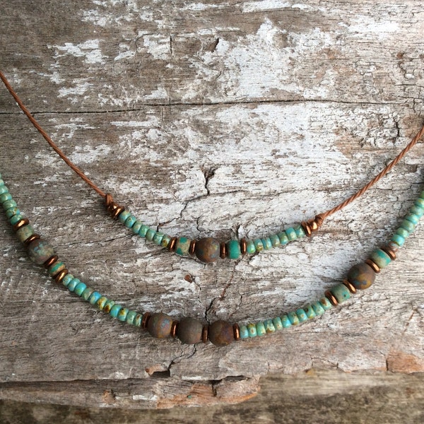 Boho necklace,Ethnic necklace,Czech glass necklace,Layering necklace,Tribal necklace,Short necklace,Womens necklace,Simple double necklace.