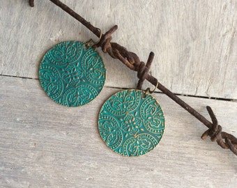 Women earrings,Boho jewellery,Patina earrings,Bohemian earrings,Statement earrings,Turquoise disc earrings,Disc patina earrings,gift idea.