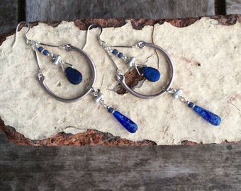 Boho earrings,Blue Boho earrings,Festival earrings,Hippie earrings,Bohemina earrings,Hoop earrings,Statement earrings,Czech etched earrings.