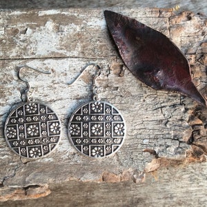 Boho earrings,Silver Tribal earrings,Floral embossed earrings,Gypsy earrings,Ethnic earrings,Drop earrings,Hippie earrings,Womens earrings.