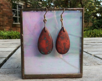 Red Picasso Czech Glass Teardrop Earrings, Bohemian Statment Dangle Earrings.