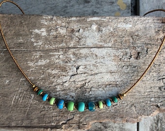 Boho necklace,Blue beaded necklace,Short necklace,Simple necklace,Bohemian necklace,Czech glass necklace,Hippie necklace,Beach necklace.