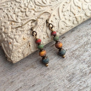 Boho rustic earrings,Czech glass earrings,Stack beaded earrings,Multi color beads,Fashion earrings,Tribal earrings,Hippie earrings,Artisan.