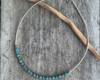 Artisan Czech Glass Beaded Necklace, Bohemian Blue Short Simple Jewelry.