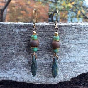 Czech Glass Teardrop Earrings, Rustic Boho Dangle Jewelry, Blue brown drop earring accessories