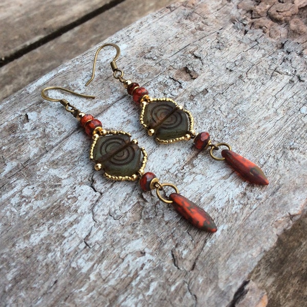 Boho Chic earrings,Burnt orange red/gold Boho earrings,Hippy earrings,Bohemina earrings,Czech glass earrings,Earthy,Tribal earrings,Handmade