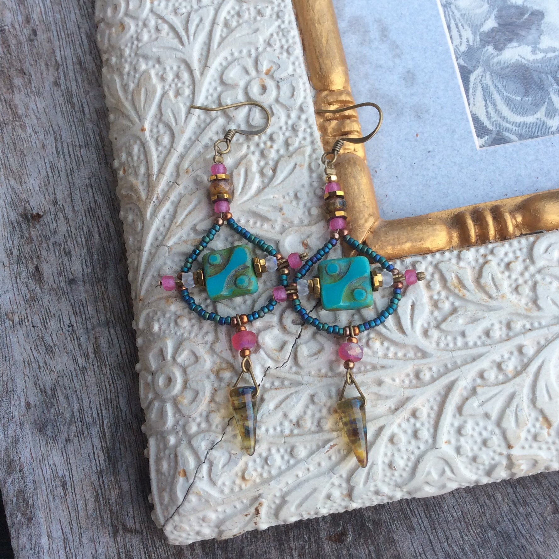 Earthy,Tribal earrings . Turquiosebuffpinksilver Boho earrings,Boho chic earrings,Hippy earrings,Bohemina earrings,Czech glass earrings