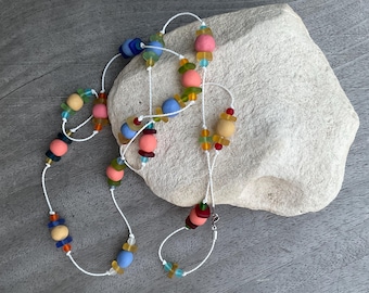 Polymer Clay Beaded Long Necklace, Boho Hippie Multi colored Jewellery, Handmade Accessorizes
