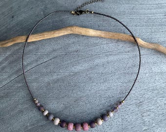 Boho Czech Glass Bead Necklace, Indie Pink Purple Artisan Necklace