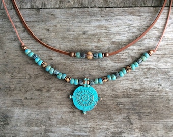 Boho Necklace: Patina Compass Charm, Leather & Seed Bead Jewelry