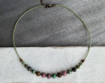 Boho Czech Glass Beaded Necklace, Indie Chic pink green necklace.