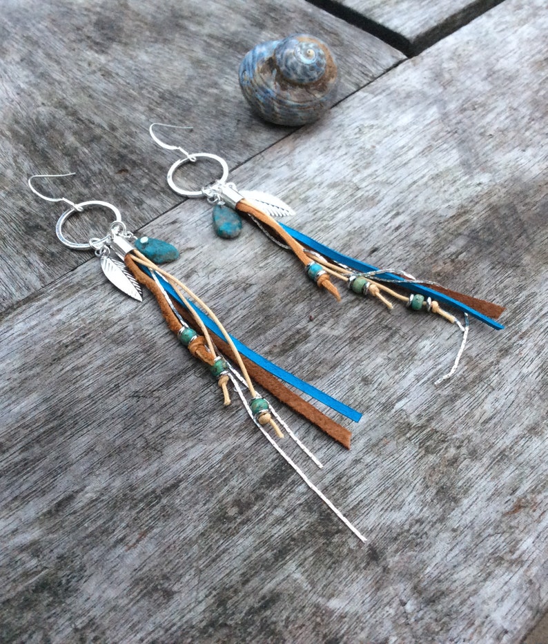 Tassels Boho Chic Earrings Natural Turquoise Tassel Statment Earrings Leather Tassel Earrings Statement Earrings Blue Leather Earrings