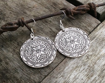 Boho earrings, Embossed Floral earrings, Disc earrings,Flower earrings,Hippie earrings,Tribal earrings,Floral disc earrings,Gyspy earrings.