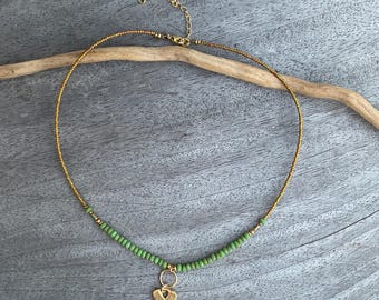Gold Heart Charm Necklace:  Handmade Green Czech Glass Beaded Jewelry, Gift For Her
