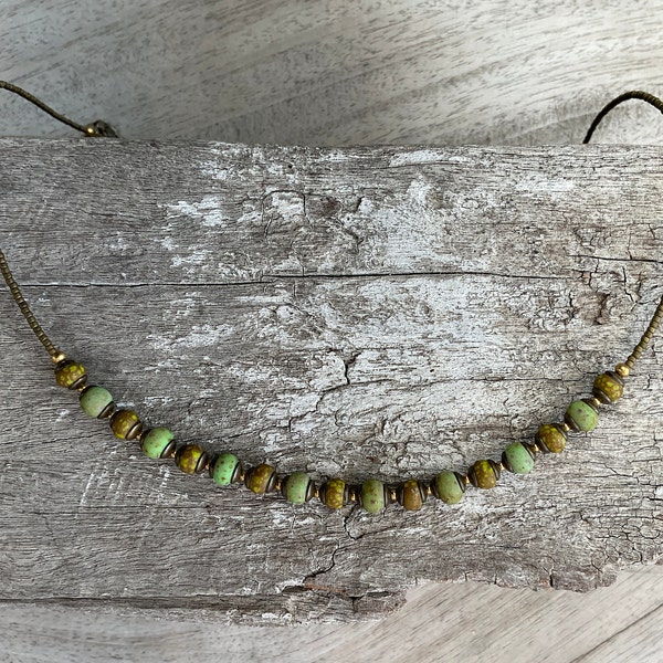 Boho necklace,Earth mother necklace,Short necklace,Bohemian jewelry,Czech glass beads,Hippie,Tribal accessories,Autumn green necklace,Gift