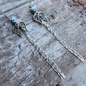Angel Wing Tassel Earrings: Tibetan Silver Boho Drop Earrings