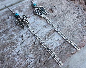 Angel Wing Tassel Earrings: Tibetan Silver Boho Drop Earrings