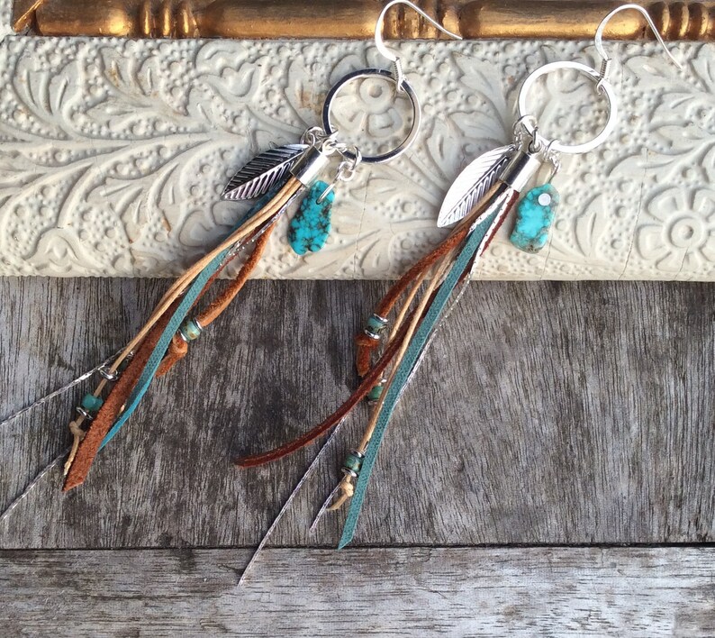 Tassels Boho Chic Earrings Natural Turquoise Tassel Statment Earrings Leather Tassel Earrings Statement Earrings Blue Leather Earrings