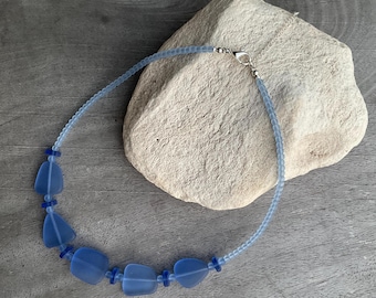 Denim Blue Sea Glass Necklace, Frosted Recycled Glass Jewelry