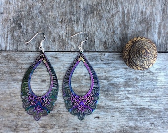 Boho earrings,Peacock earrings,Festival earrings,Iridescent earrings,Metallica earrings,Blue/purple/pink earrings,Statement earrings,Gift.