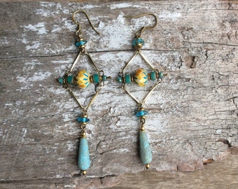 Boho earrings,Boho Chic earrings,Rustic earrings,Tribal earrings,Bohemian earrings,Czech earrings, blue/Turquoise earrings,Ethnic,Jewelry