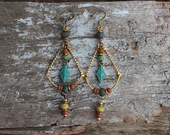 Boho Turquoise Patina Earrings, Brass Rustic Teardrop, Ethnic Dangle Accessiors.