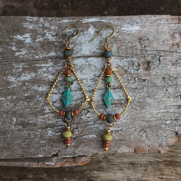 Boho earrings,Bow&Arrow earrings,Rustic earrings,Tribal earrings,Bohemian earrings,Czech earrings,Turquoise/Bronze earrings,Ethnic,Jewelry