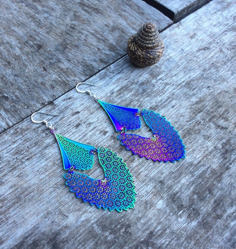 May include: A pair of iridescent earrings with a floral design. The earrings are made of metal and have a silver hook.