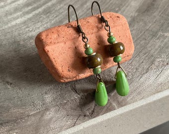 Lime Green Czech Glass Teardrop Earrings, Bohemian Dangles