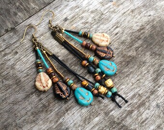 Earthy,Tribal earrings . Turquiosebuffpinksilver Boho earrings,Boho chic earrings,Hippy earrings,Bohemina earrings,Czech glass earrings