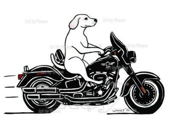 White Dog, Dog On Motorcycle, Labrador Retriever, Funny Dog Art, Motorcycle Art, Biker Art, Harley Davidson, Dog Decor, Dog Wall Art