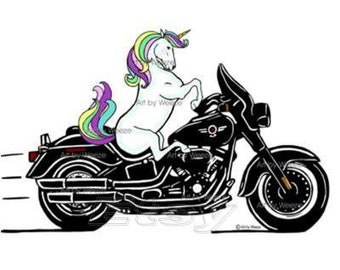 Unicorn Riding A Motorcycle, Unicorn Art, Unicorn Cartoon Art, Motorcycle Art, Biker Art, Unicorn Wall Art, Unicorn Decor, Magical Creatures