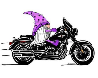Printable Gnome, Gnome On Motorcycle, Purple Gnome, Instant Download, Gnome Wall Art, JPEG, Printable Download, Digital Art