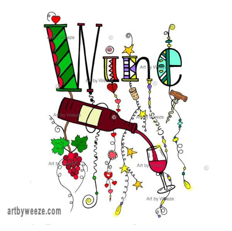 Wine Art Wine Lover Gift Wine Decor Doodle Art Grape Vine Etsy