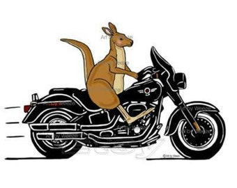 Kangaroo Riding A Motorcycle, Kangaroo Art, Kangaroo Cartoon Art, Motorcycle Art, Biker Art, Marsupial, Kangaroo Wall Art, Wallaroo