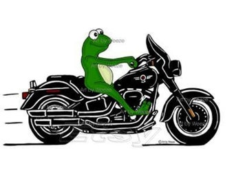 Frog Riding A Motorcycle, Frog Art, Frog Cartoon Art, Motorcycle Art, Biker Art, Frog Wall Art, Art For Nursery