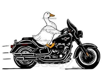 Duck Riding A Motorcycle, White Duck Art, Duck Cartoon Art, Motorcycle Art, Biker Art, Duck Wall Art, Farm Animals