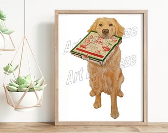 Instant Download, Golden Retriever, Pizza Delivery, Golden Retriever Art, Wall Art, JPEG, Printable Download, Printable Art, Art by Weeze