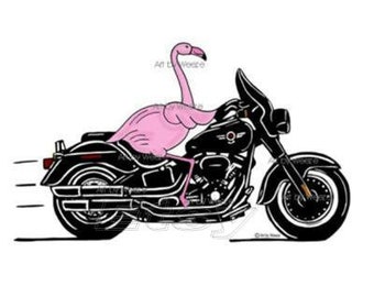 Flamingo Riding A Motorcycle, Flamingo Art, Flamingo Cartoon Art, Motorcycle Art, Biker Art, Flamingo Wall Art, Tropical Birds