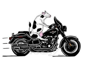 Cow Riding A Motorcycle, Black And White Cow Art, Cow Cartoon Art, Motorcycle Art, Biker Art, Bovine Wall Art, Dairy Cow, Farm Animals