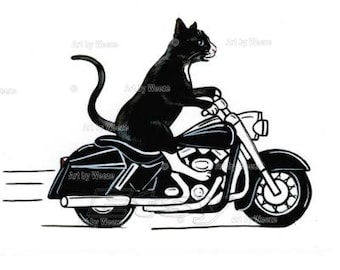 Black Cat, Cat On Motorcycle, Tuxedo Cat, Funny Cat Art, Motorcycle Art, Biker Art, Cat Print, Harley Davidson, Cat Lover, Free Shipping!