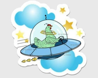 Space Chicken Sticker, UFO Decal, Rooster Sticker, Spaceship Sticker, White Chicken Decal, Vinyl Decal, Funny Chicken, Vinyl Die Cut Sticker