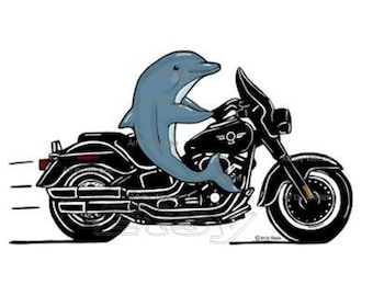 Dolphin Riding A Motorcycle, Dolphin Art, Porpoise Cartoon Art, Motorcycle Art, Biker Art, Dolphinfish Wall Art