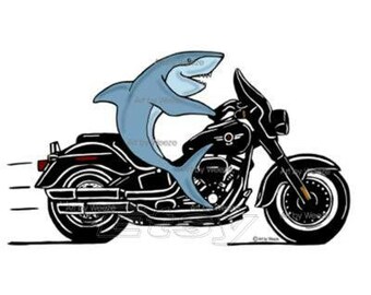Shark Riding A Motorcycle, Shark Art, Shark Cartoon Art, Motorcycle Art, Biker Art, Shark Wall Art, Shark Decor