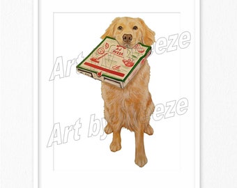 Instant Download, Golden Retriever, Pizza Delivery, Golden Retriever Art, Wall Art, JPEG, Printable Download, Printable Art, Art by Weeze